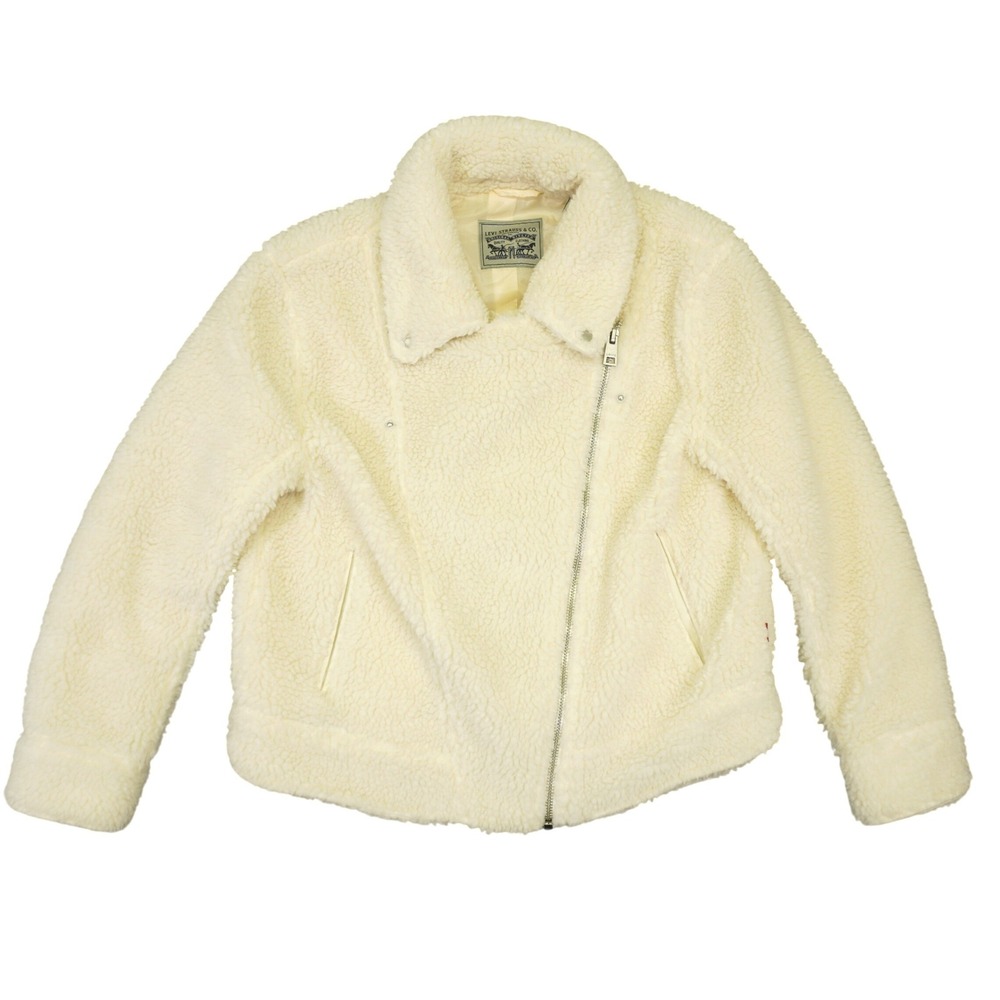 Levis Moto Jacket Women Large Cream Faux Shearling Sherpa Asymmetrical Zip Biker